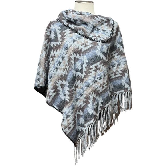 Aztec Print Poncho Fringe Tassel Gray Brown Blue Black OSFM - Picture 1 of 5